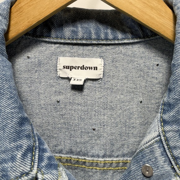 Denim Jacket Pearl Accent Superdown Trucker Cowboy Light Wash Womens XXS - Picture 2 of 13